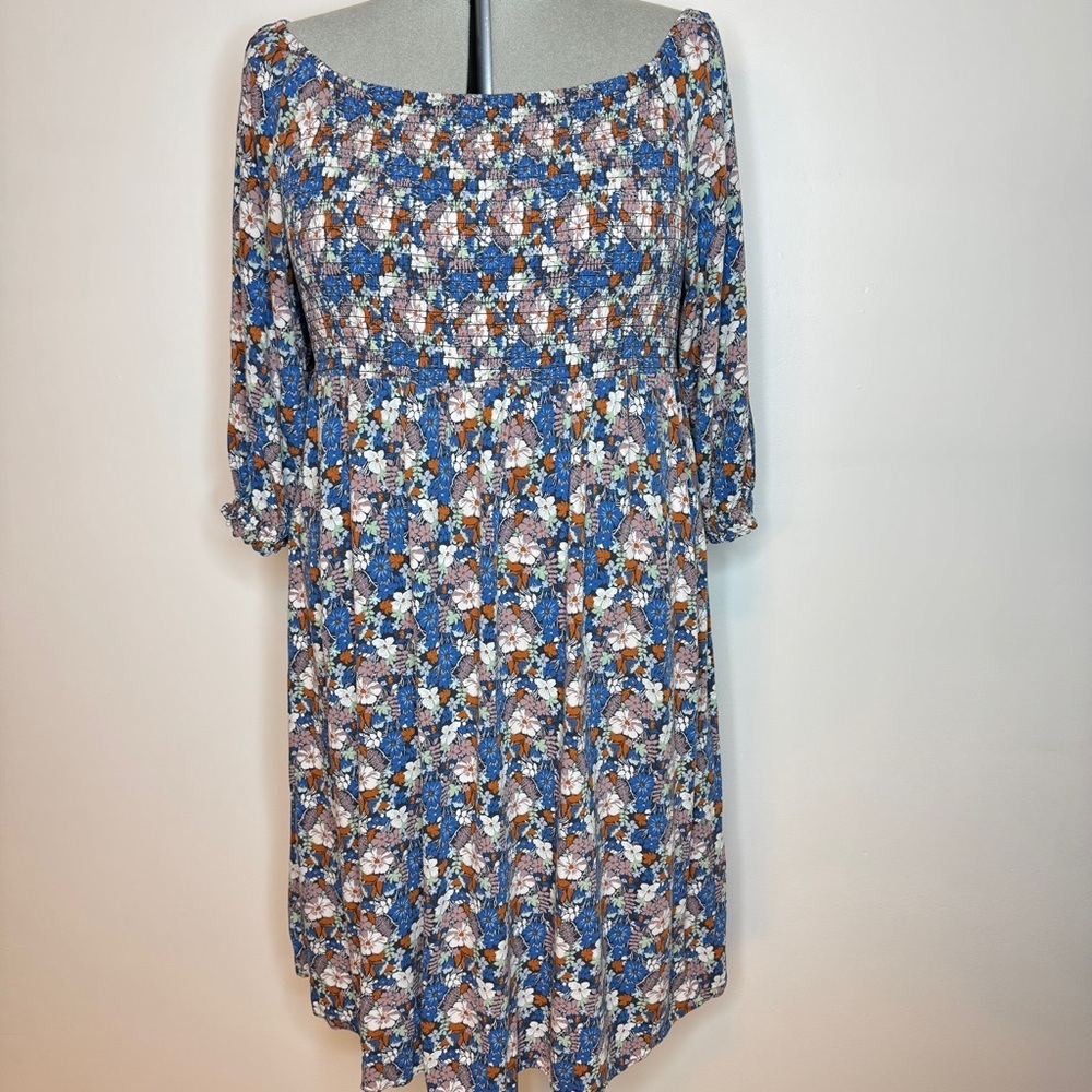 Smocked Blue Floral Off-Shoulder Dress
